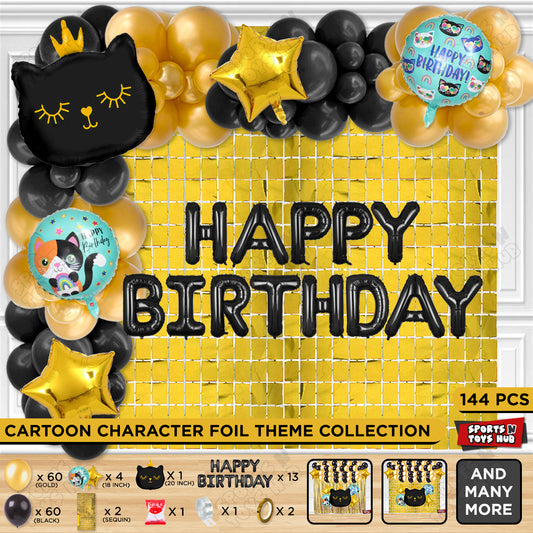 Cartoon Crown Black Kitten Cat Foil Balloon Set With Happy Birthday Foil Letter Arch Theme