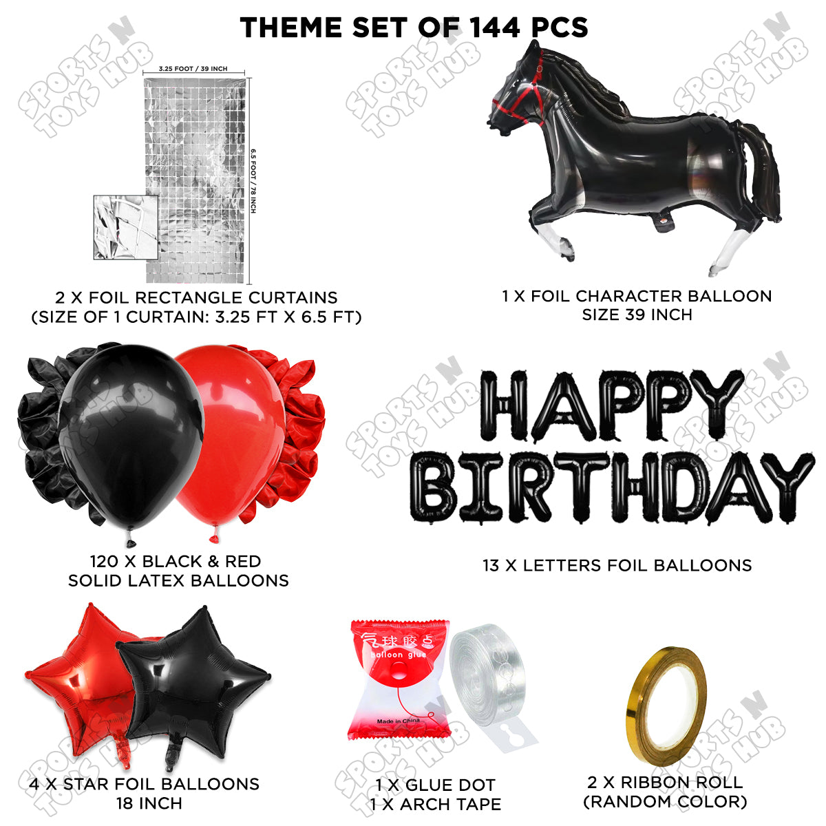Cartoon Black Horse Theme Foil Balloon Set with Happy Birthday Foil Letter Arch Theme