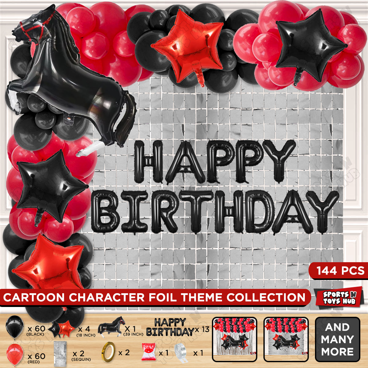 Cartoon Black Horse Theme Foil Balloon Set with Happy Birthday Foil Letter Arch Theme