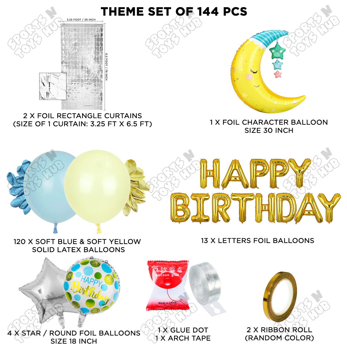 Crescent Moon with Star Foil Balloon Set With Happy Birthday Foil Letter Balloon Arch Theme