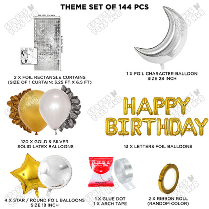 Crescent Moon Silver Color Foil Balloon Set With Happy Birthday Foil Letter Balloon Arch Theme