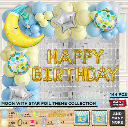 Crescent Moon with Star Foil Balloon Set With Happy Birthday Foil Letter Balloon Arch Theme