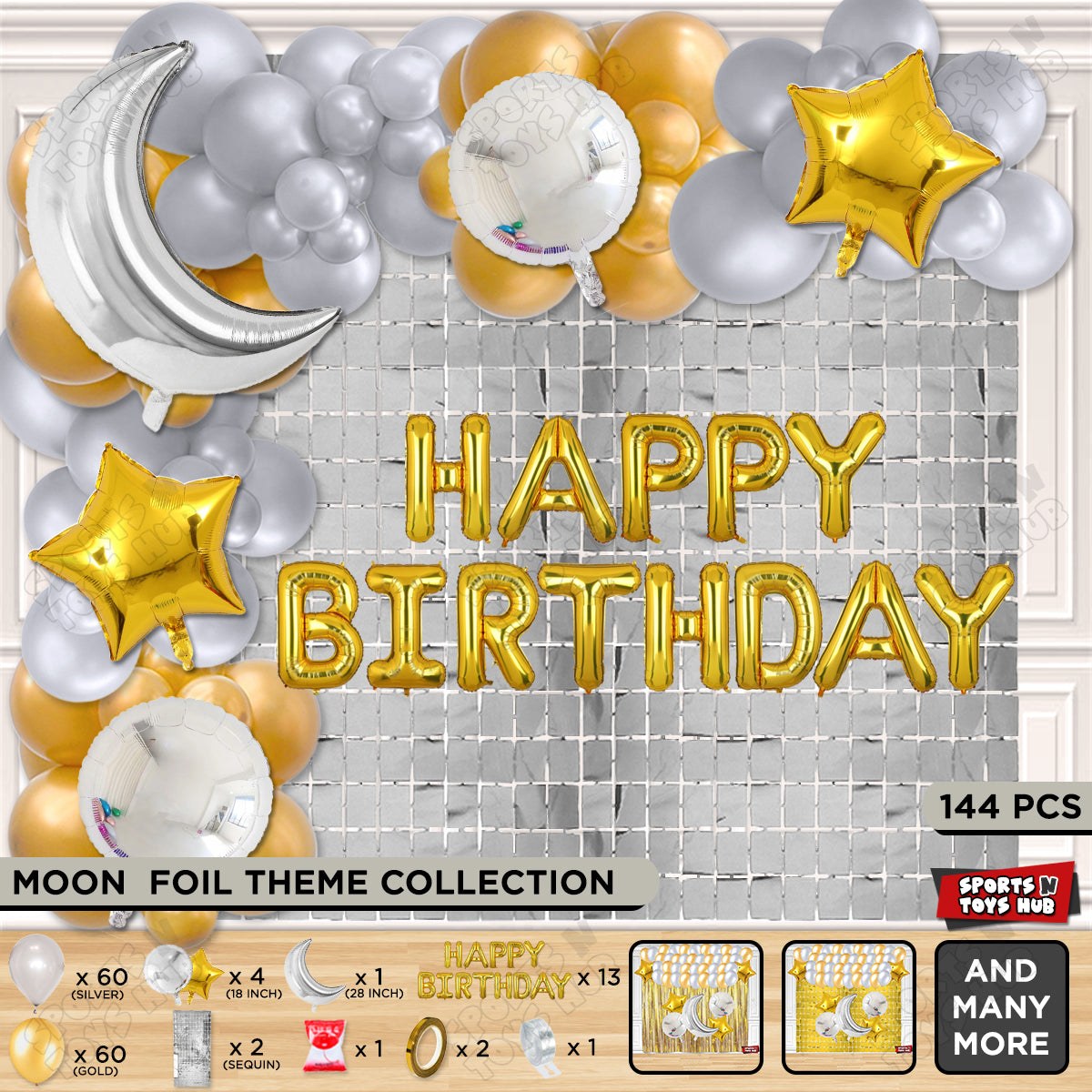 Crescent Moon Silver Color Foil Balloon Set With Happy Birthday Foil Letter Balloon Arch Theme