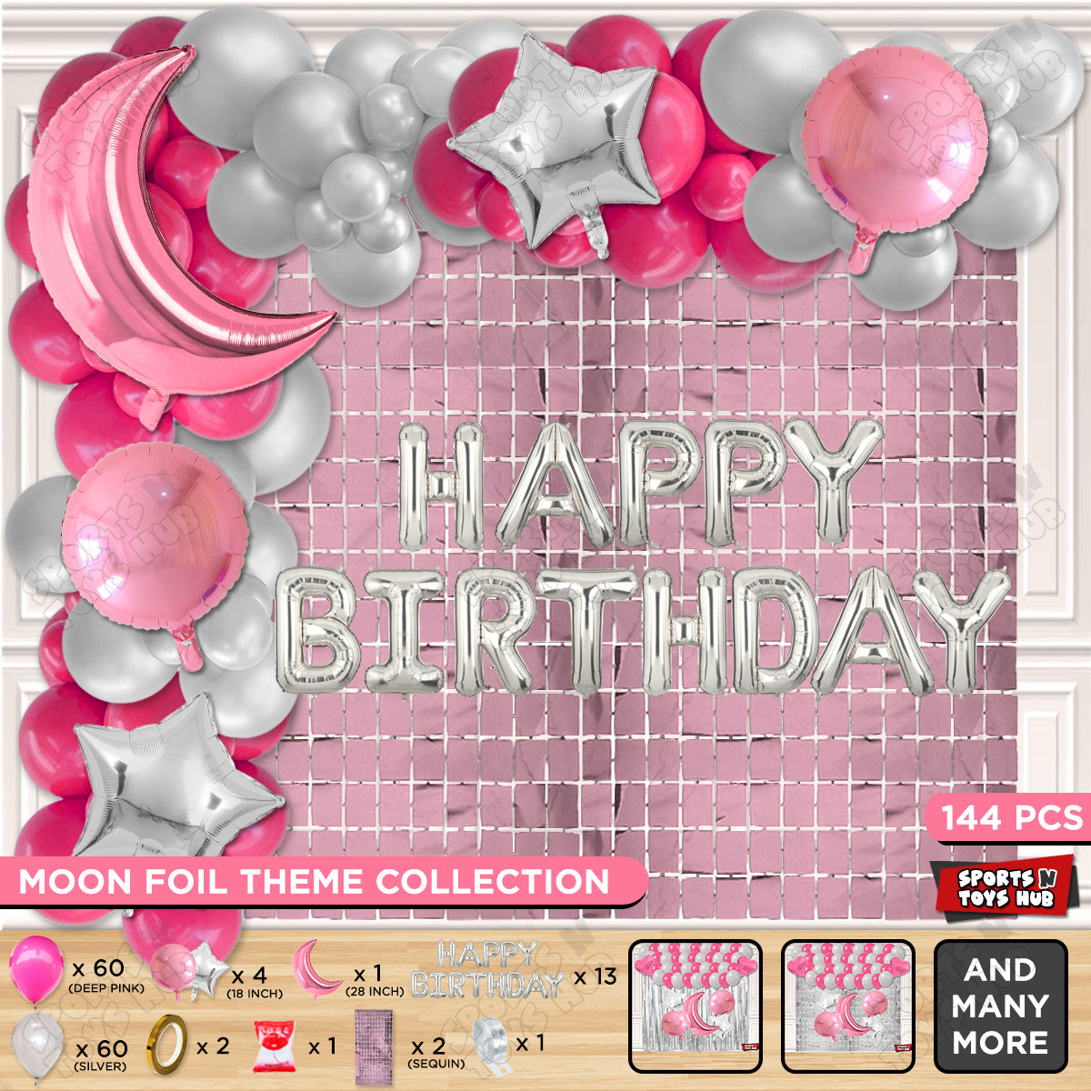 Crescent Moon Pink Color Foil Balloon Set With Happy Birthday Foil Letter Balloon Arch Theme