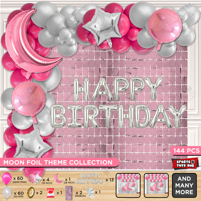 Crescent Moon Pink Color Foil Balloon Set With Happy Birthday Foil Letter Balloon Arch Theme
