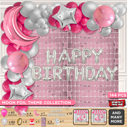 Crescent Moon Pink Color Foil Balloon Set With Happy Birthday Foil Letter Balloon Arch Theme