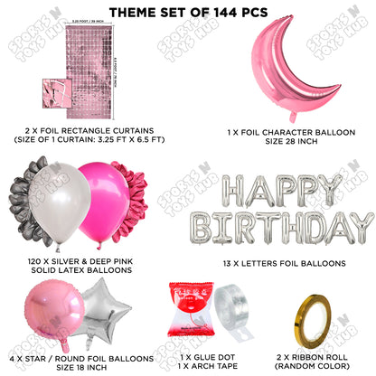Crescent Moon Pink Color Foil Balloon Set With Happy Birthday Foil Letter Balloon Arch Theme