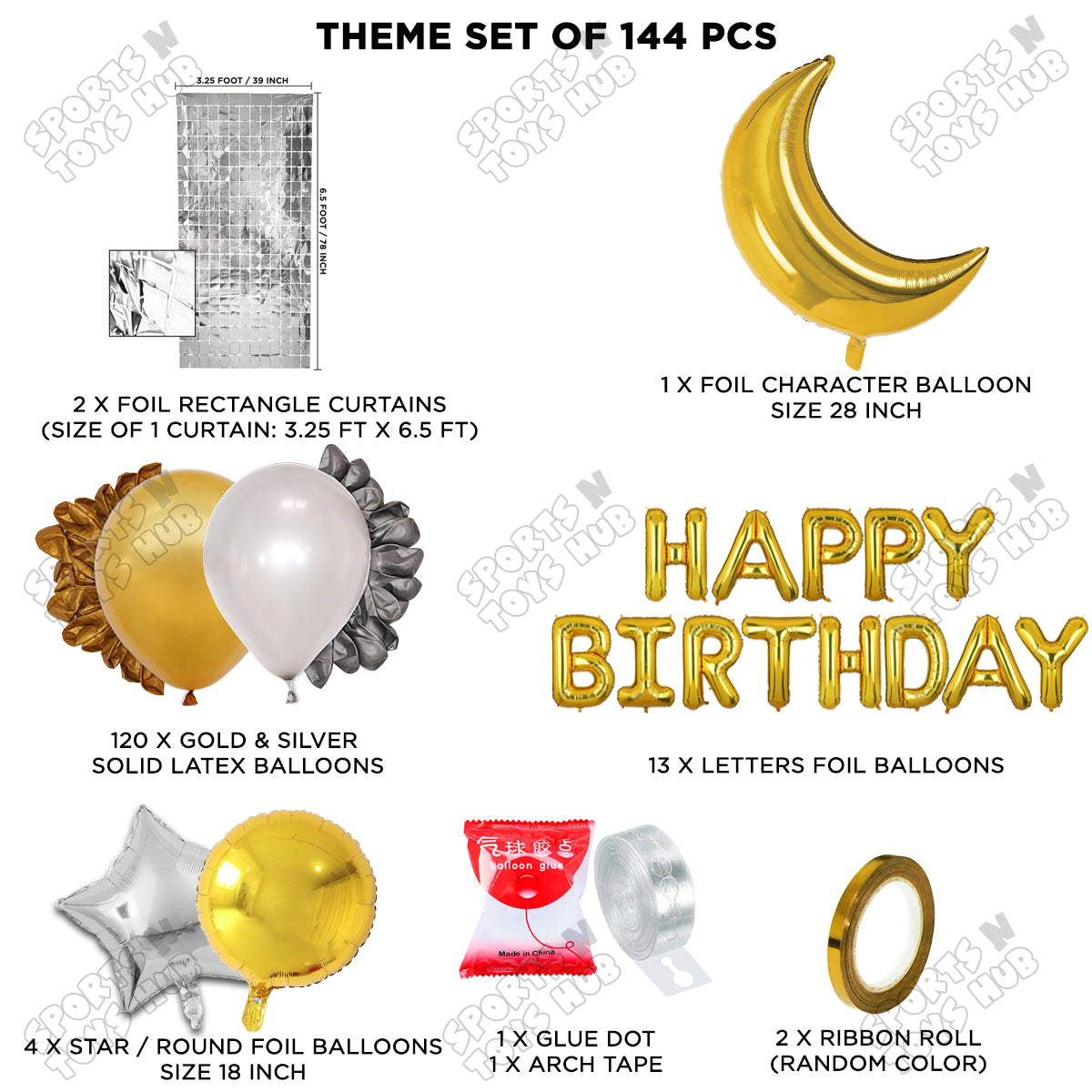 Crescent Moon Gold Color Foil Balloon Set With Happy Birthday Foil Letter Balloon Arch Theme