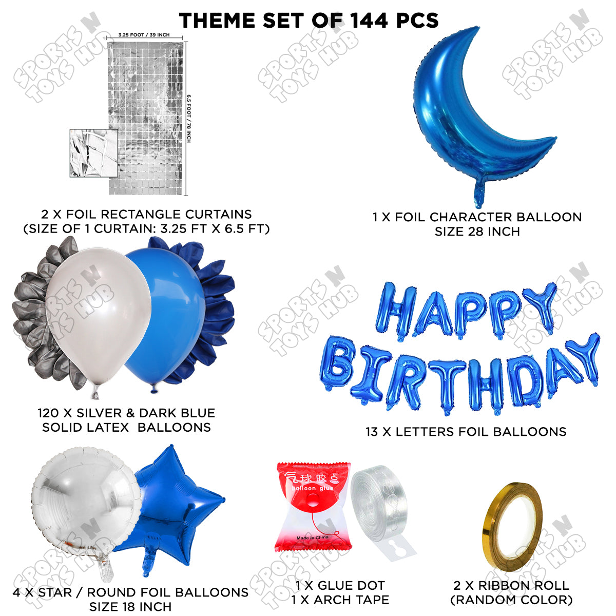 Crescent Moon Sapphire Blue Color Foil Balloon Set With Happy Birthday Foil Letter Balloon Arch Theme