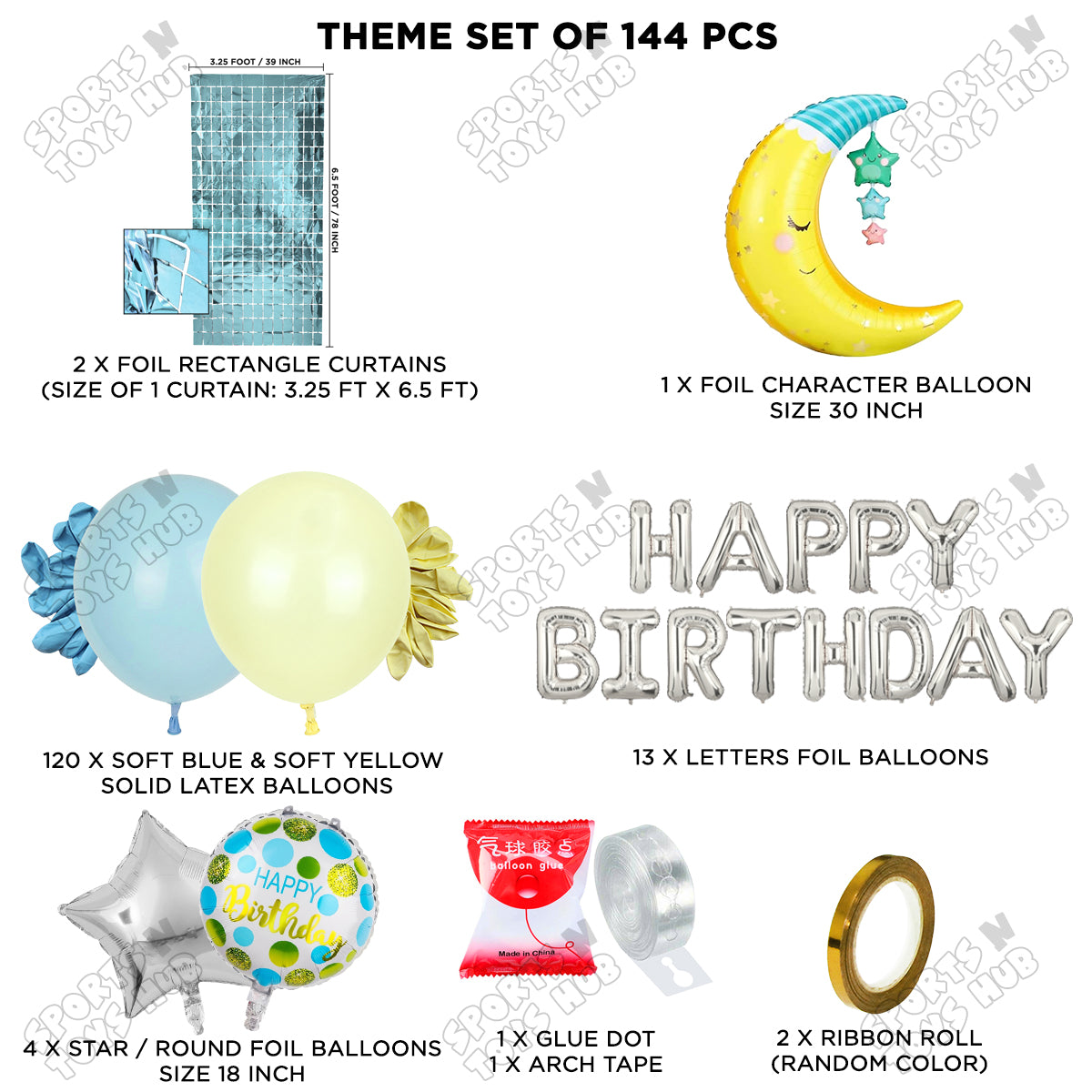 Crescent Moon with Star Foil Balloon Set With Happy Birthday Foil Letter Balloon Arch Theme