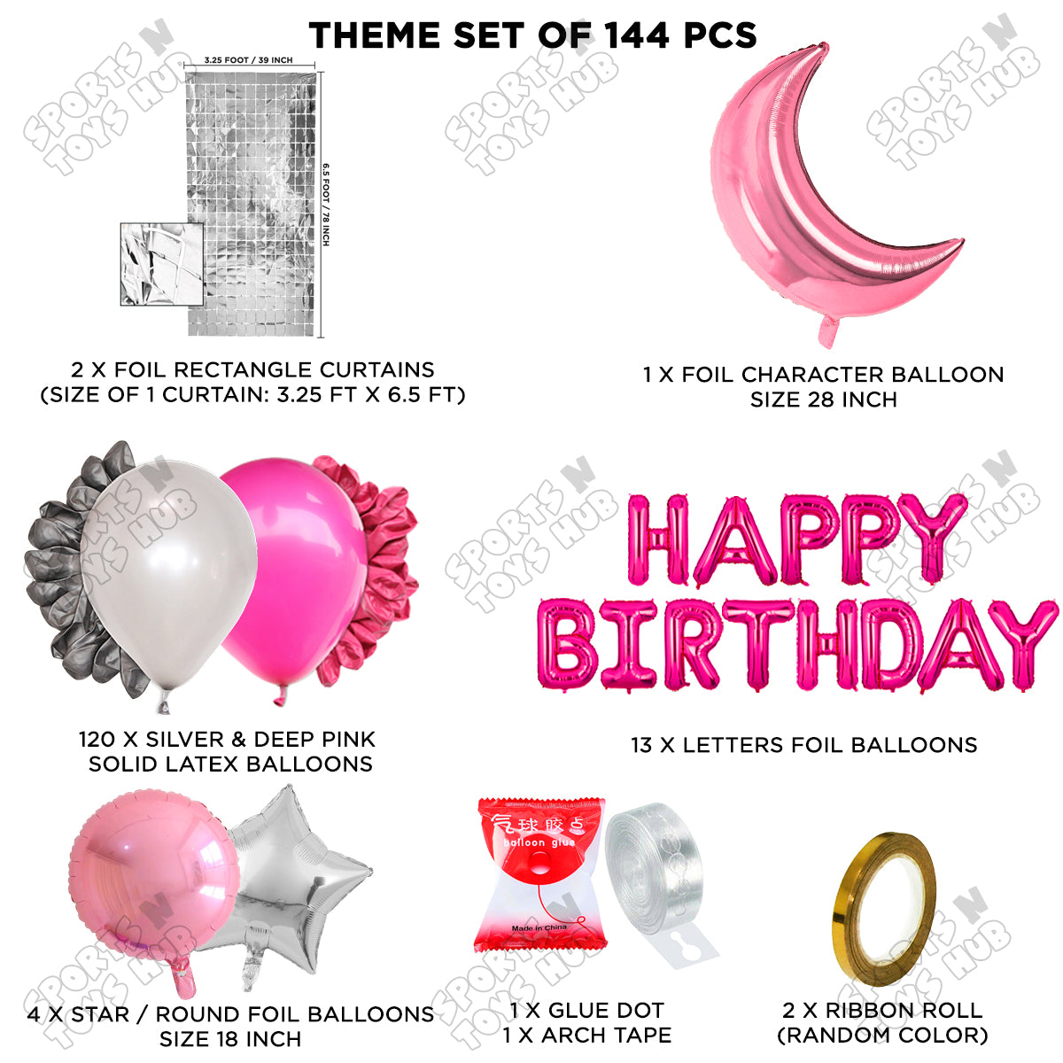 Crescent Moon Pink Color Foil Balloon Set With Happy Birthday Foil Letter Balloon Arch Theme