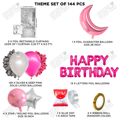 Crescent Moon Pink Color Foil Balloon Set With Happy Birthday Foil Letter Balloon Arch Theme