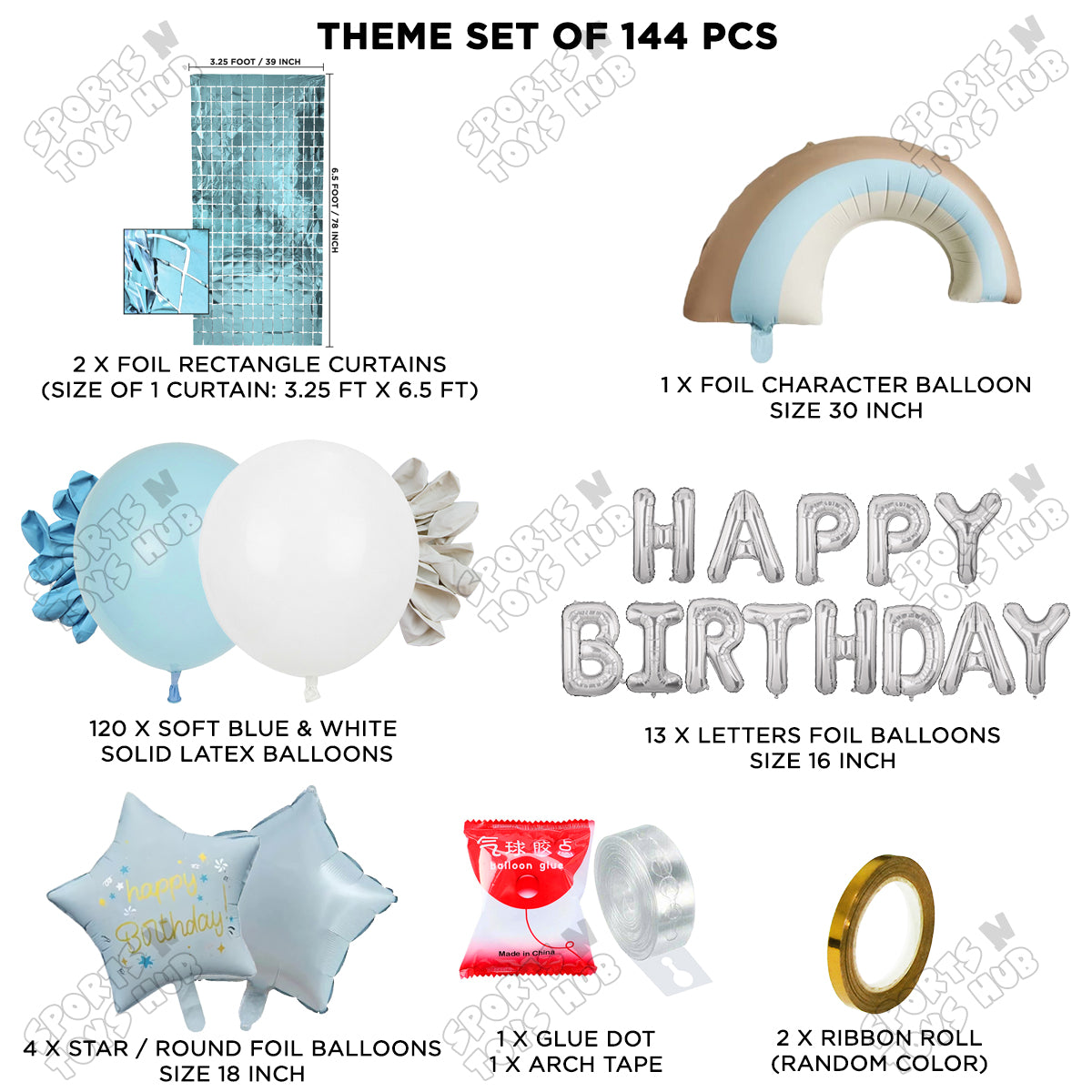 Pastel Blue Matte Color Rainbow Set With Happy Birthday Foil Letter Balloon Arch Theme