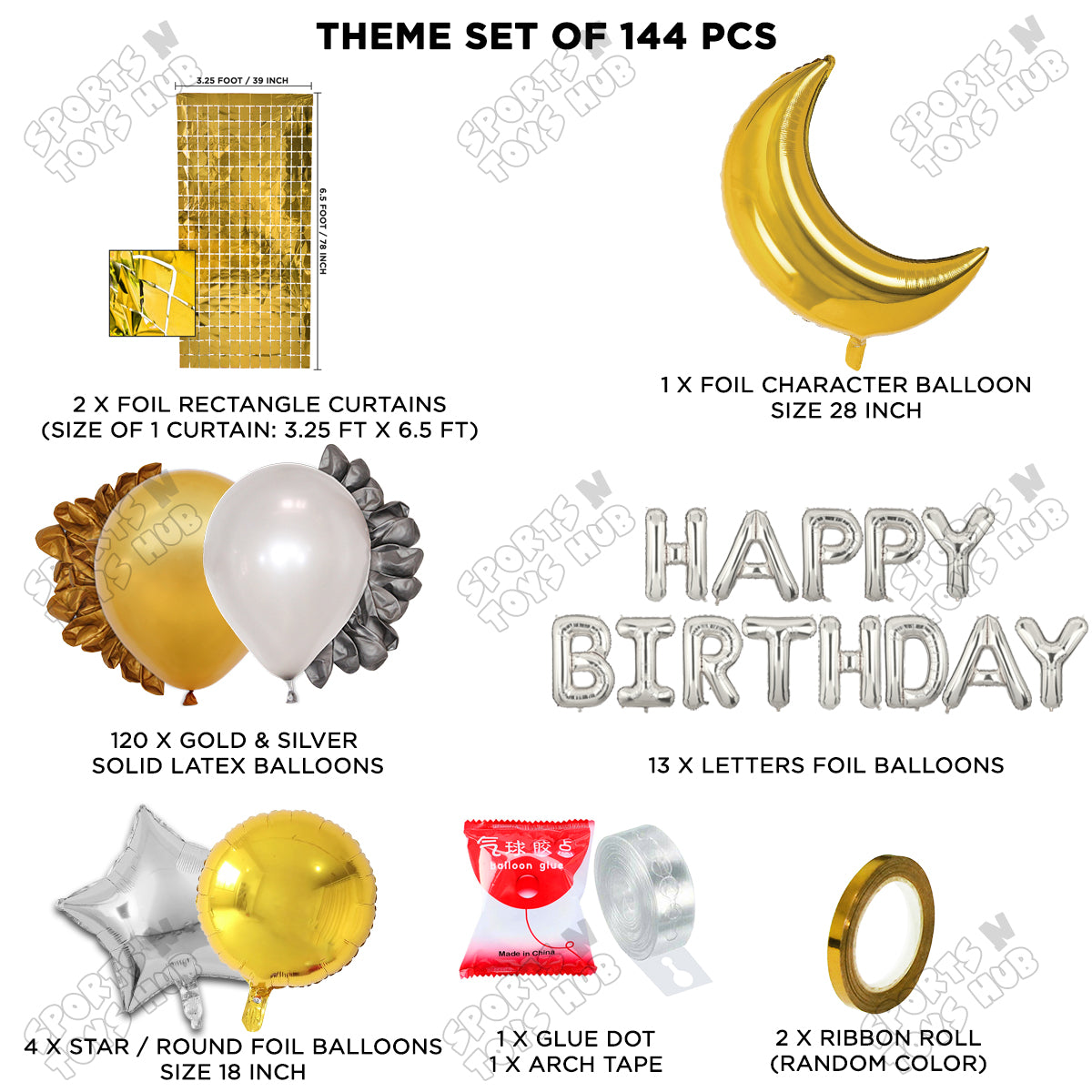 Crescent Moon Gold Color Foil Balloon Set With Happy Birthday Foil Letter Balloon Arch Theme