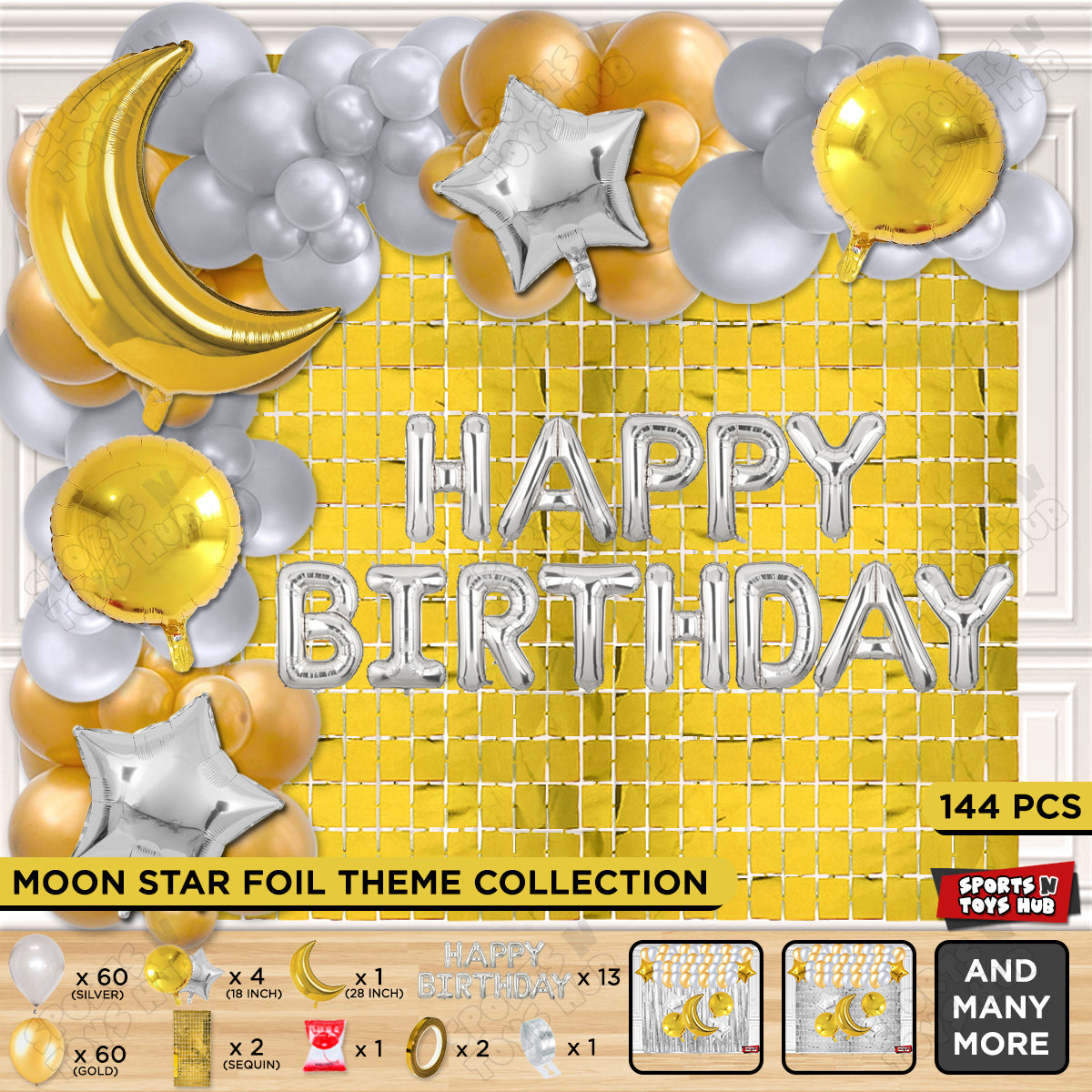 Crescent Moon Gold Color Foil Balloon Set With Happy Birthday Foil Letter Balloon Arch Theme