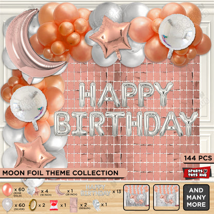 Crescent Moon Rosegold Color Foil Balloon Set With Happy Birthday Foil Letter Balloon Arch Theme