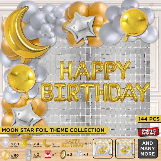 Crescent Moon Gold Color Foil Balloon Set With Happy Birthday Foil Letter Balloon Arch Theme