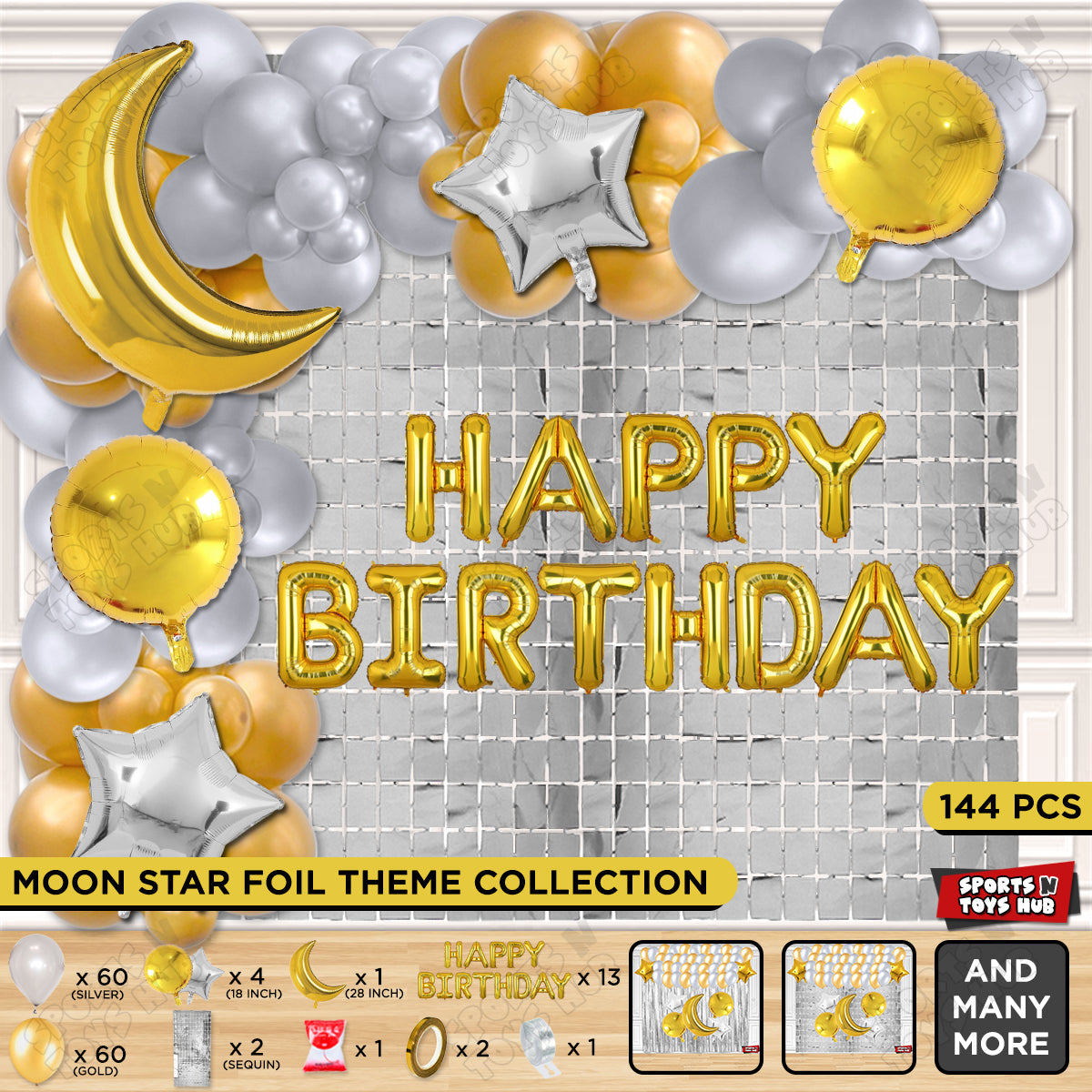 Crescent Moon Gold Color Foil Balloon Set With Happy Birthday Foil Letter Balloon Arch Theme