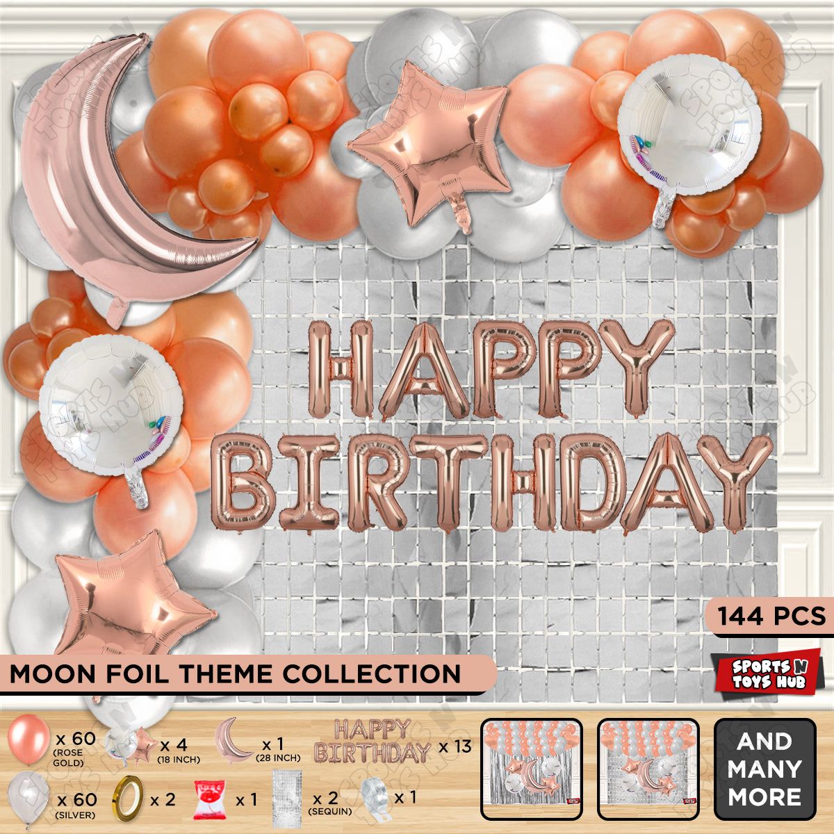 Crescent Moon Rosegold Color Foil Balloon Set With Happy Birthday Foil Letter Balloon Arch Theme