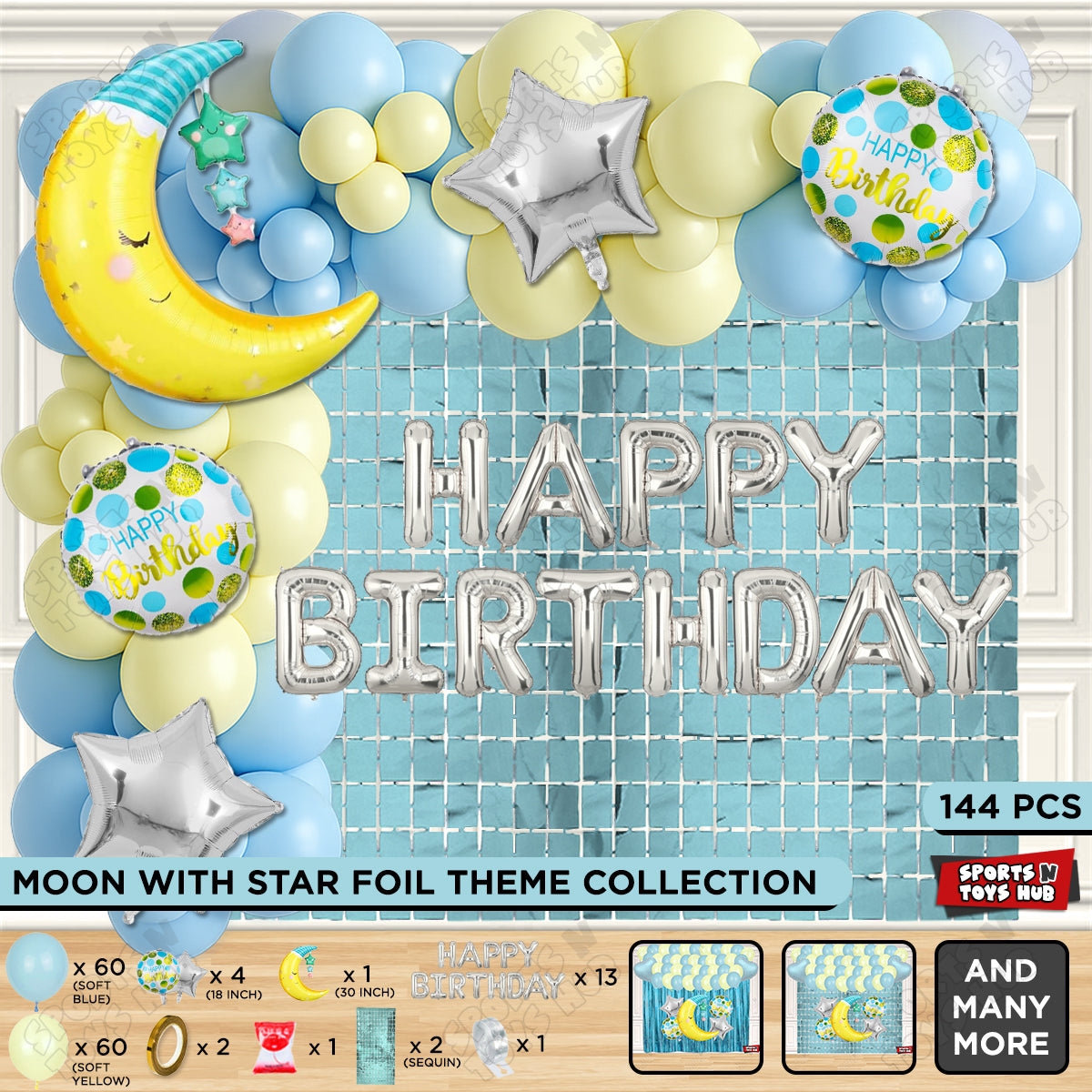 Crescent Moon with Star Foil Balloon Set With Happy Birthday Foil Letter Balloon Arch Theme