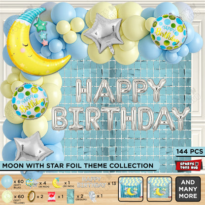 Crescent Moon with Star Foil Balloon Set With Happy Birthday Foil Letter Balloon Arch Theme