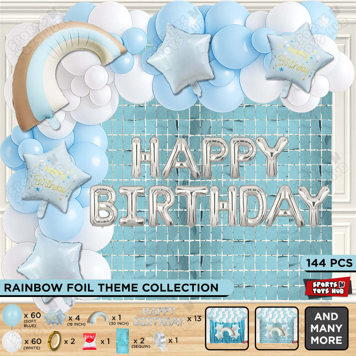 Pastel Blue Matte Color Rainbow Set With Happy Birthday Foil Letter Balloon Arch Theme