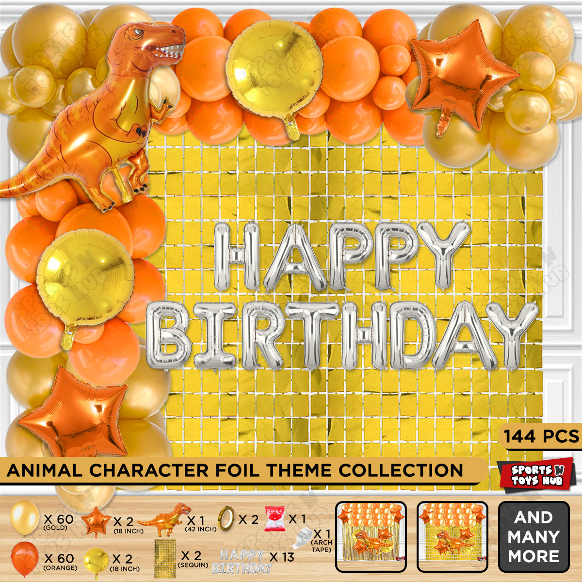 Jumbo T-Rex Orange Dino Foil Letter Balloon Arch Theme