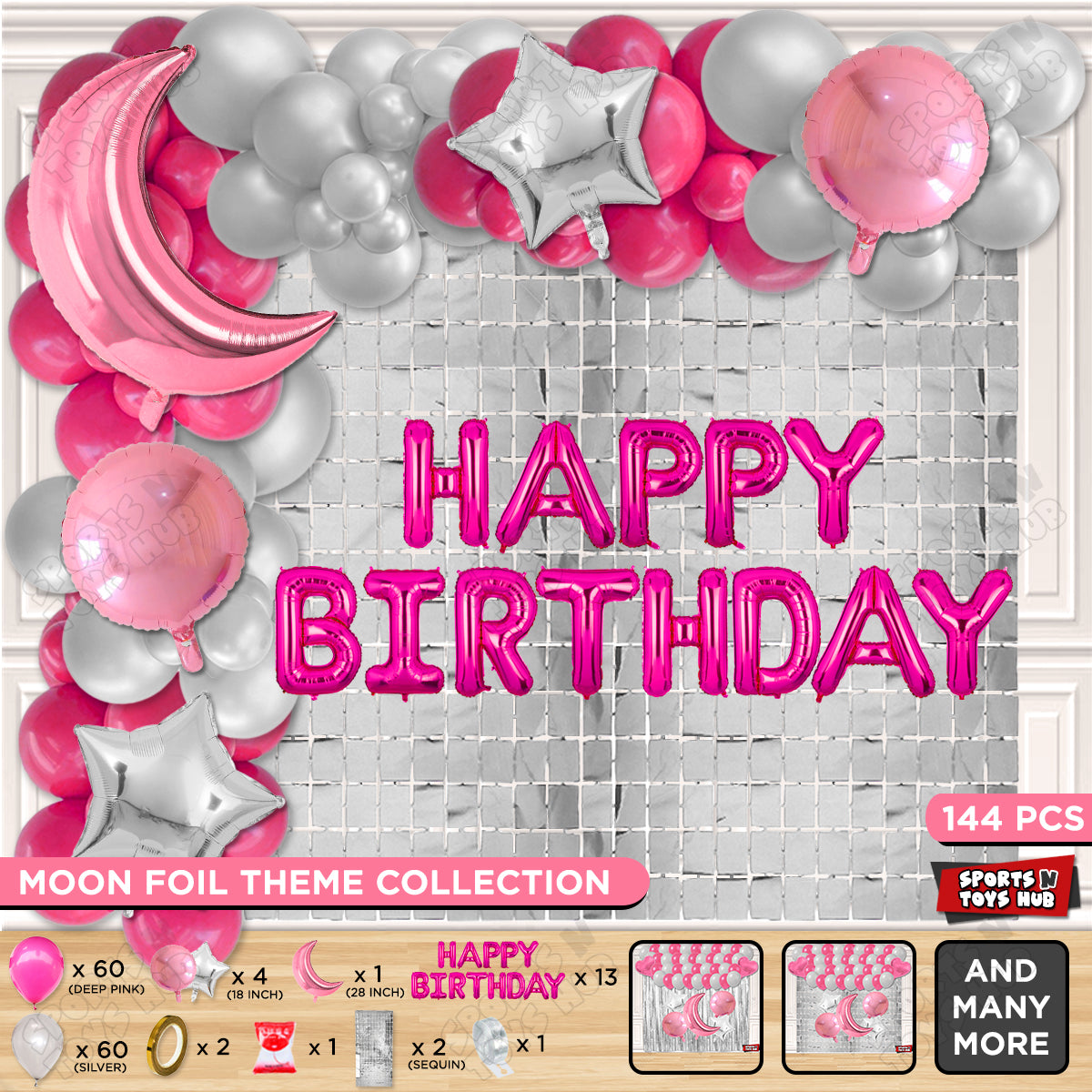 Crescent Moon Pink Color Foil Balloon Set With Happy Birthday Foil Letter Balloon Arch Theme
