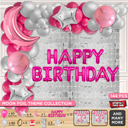 Crescent Moon Pink Color Foil Balloon Set With Happy Birthday Foil Letter Balloon Arch Theme