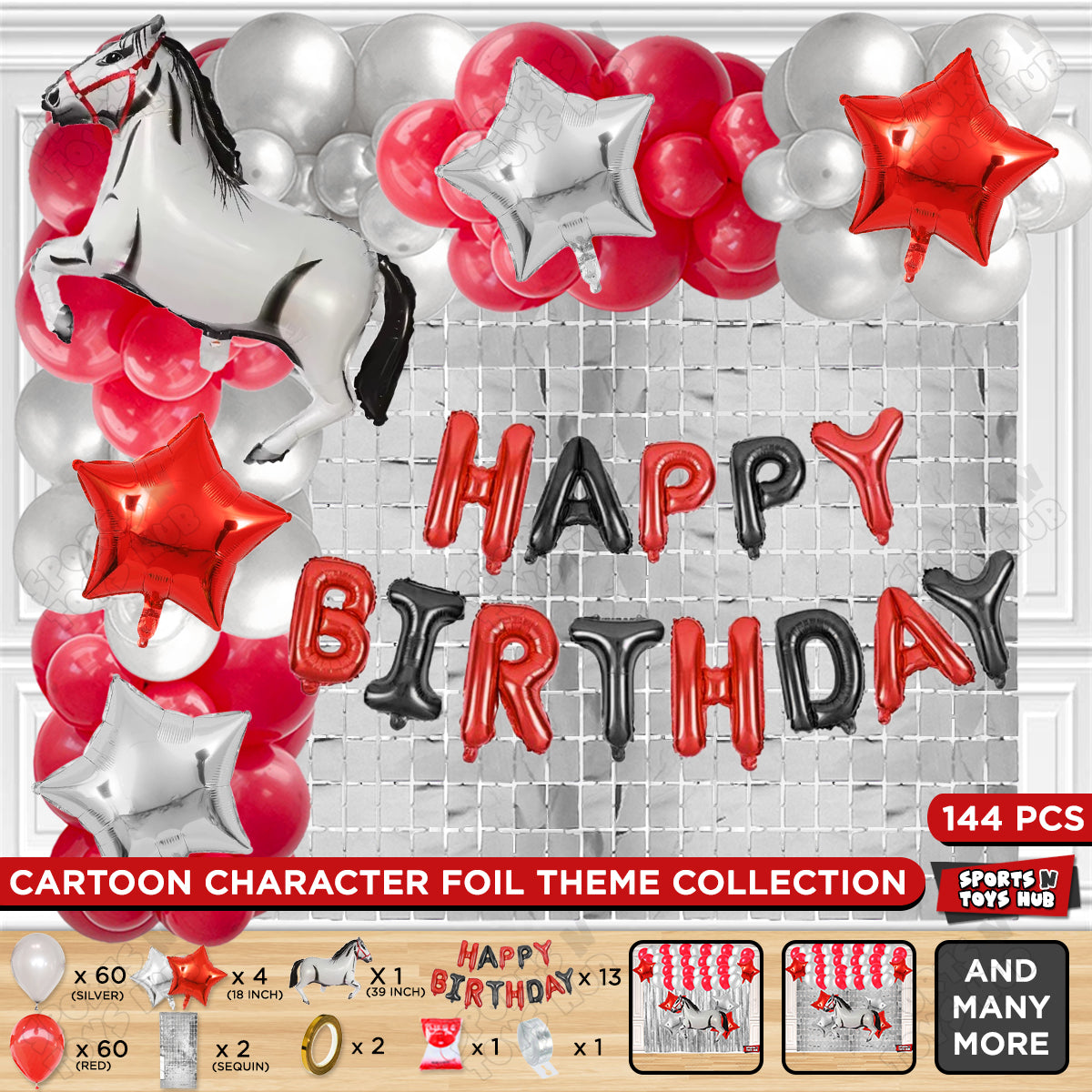 Cartoon White Horse Theme Foil Balloon Set with Happy Birthday Foil Letter Arch Theme