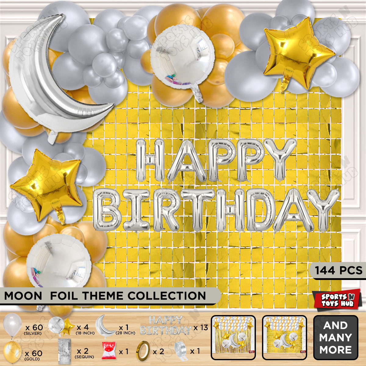 Crescent Moon Silver Color Foil Balloon Set With Happy Birthday Foil Letter Balloon Arch Theme