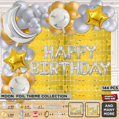 Crescent Moon Silver Color Foil Balloon Set With Happy Birthday Foil Letter Balloon Arch Theme