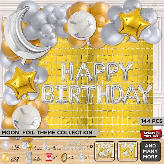 Crescent Moon Silver Color Foil Balloon Set With Happy Birthday Foil Letter Balloon Arch Theme