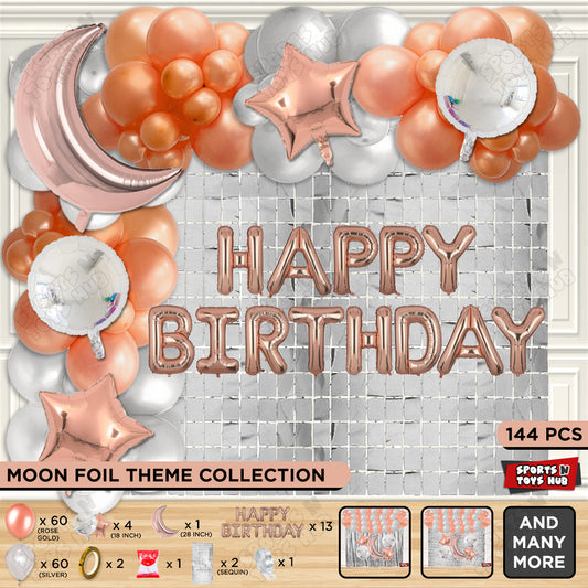 Crescent Moon Rosegold Color Foil Balloon Set With Happy Birthday Foil Letter Balloon Arch Theme