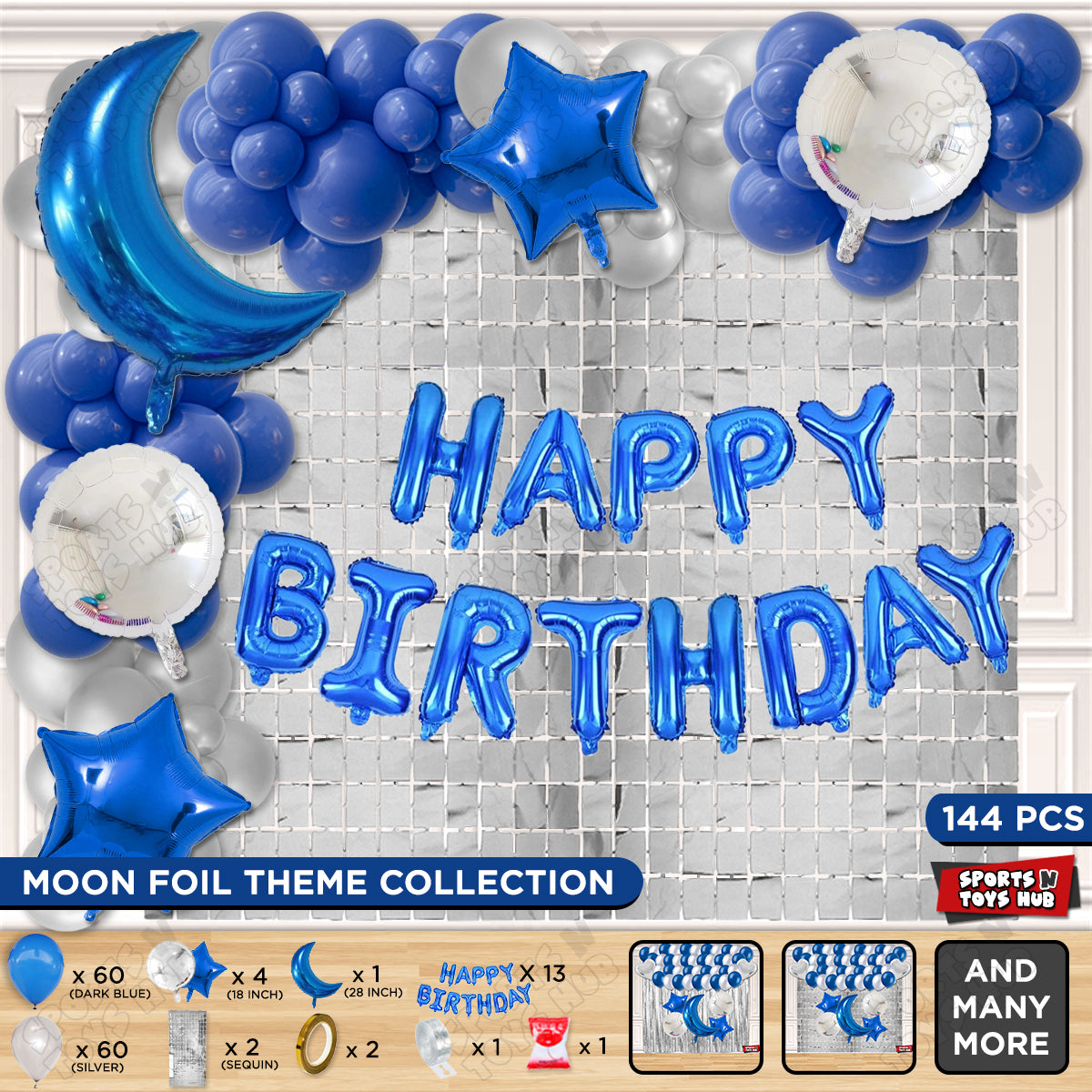 Crescent Moon Sapphire Blue Color Foil Balloon Set With Happy Birthday Foil Letter Balloon Arch Theme