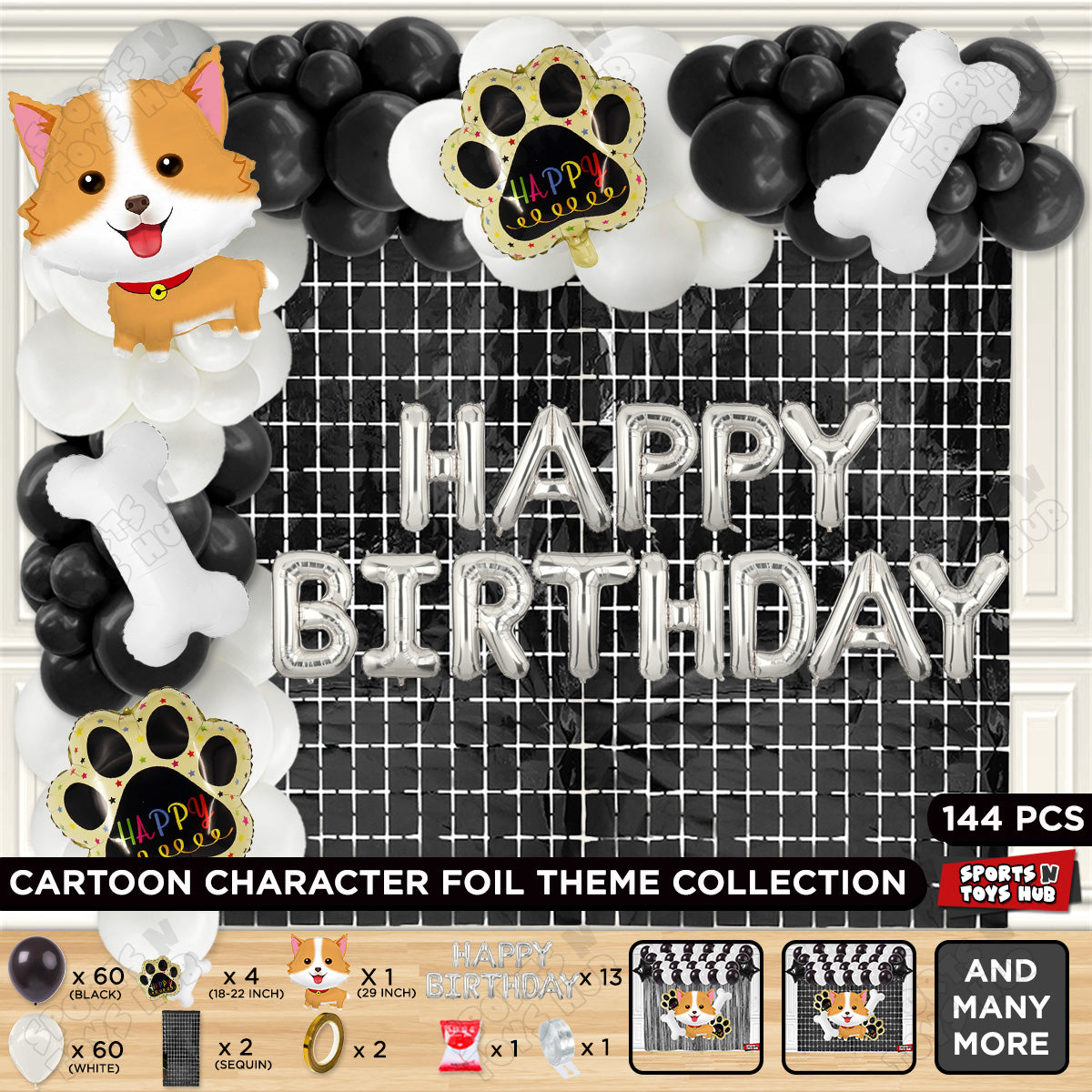 Dog Puppy Cartoon Foil Balloon Set Pack of 5 with Happy Birthday Foil Letter Arch Theme – Cute Birthday Party Decorations for Kids & Girls