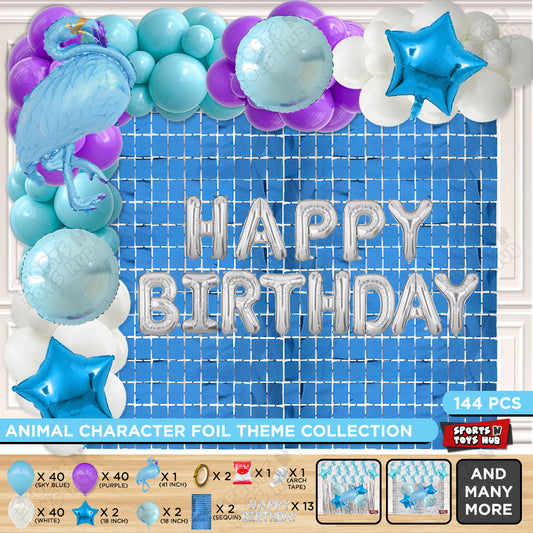 Flamingo Cartoon Character Bird Blue Color Foil Balloon Set With Happy Birthday Foil Letters Arch Theme