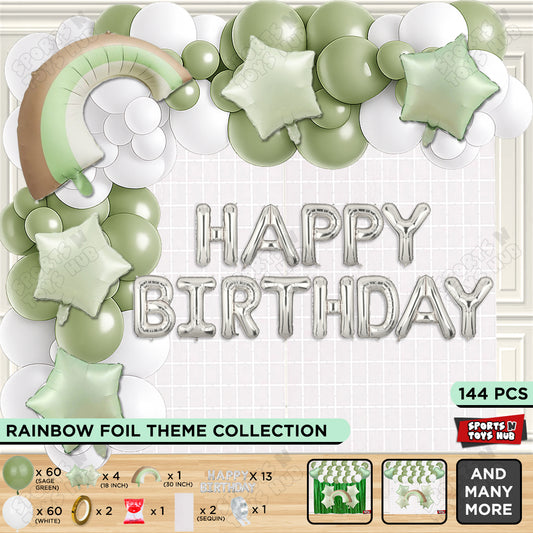 Pastel Green Matte Color Rainbow Set With Happy Birthday Foil Letter Balloon Arch Theme