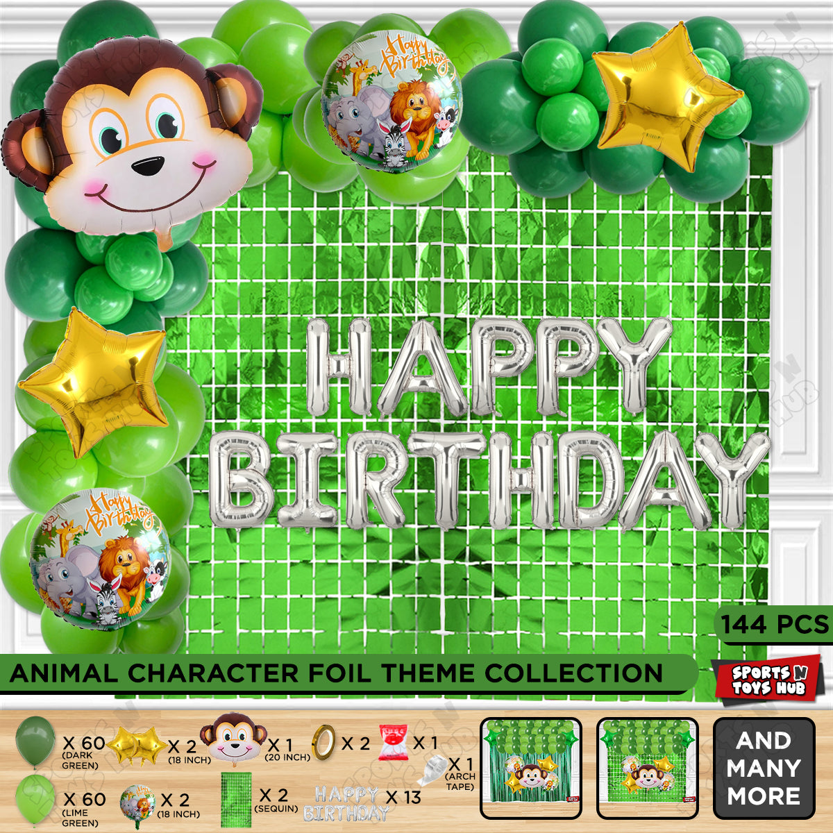 Jungle Safari Monkey Face Foil Balloon Set With Happy Birthday Foil Letter Arch Theme