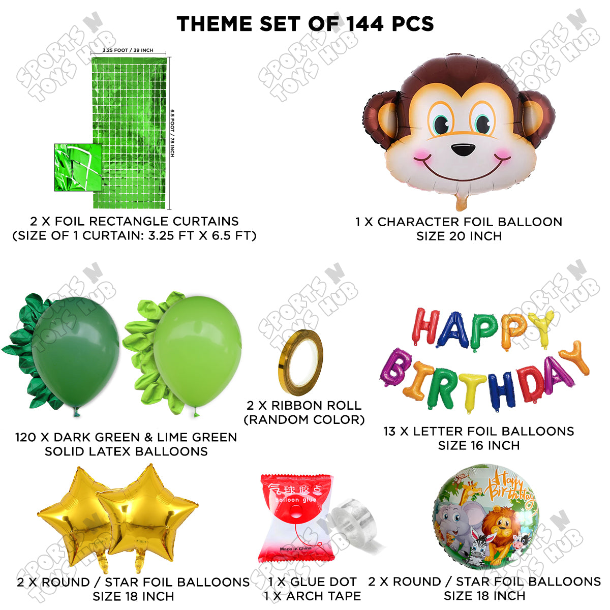 Jungle Safari Monkey Face Foil Balloon Set With Happy Birthday Foil Letter Arch Theme