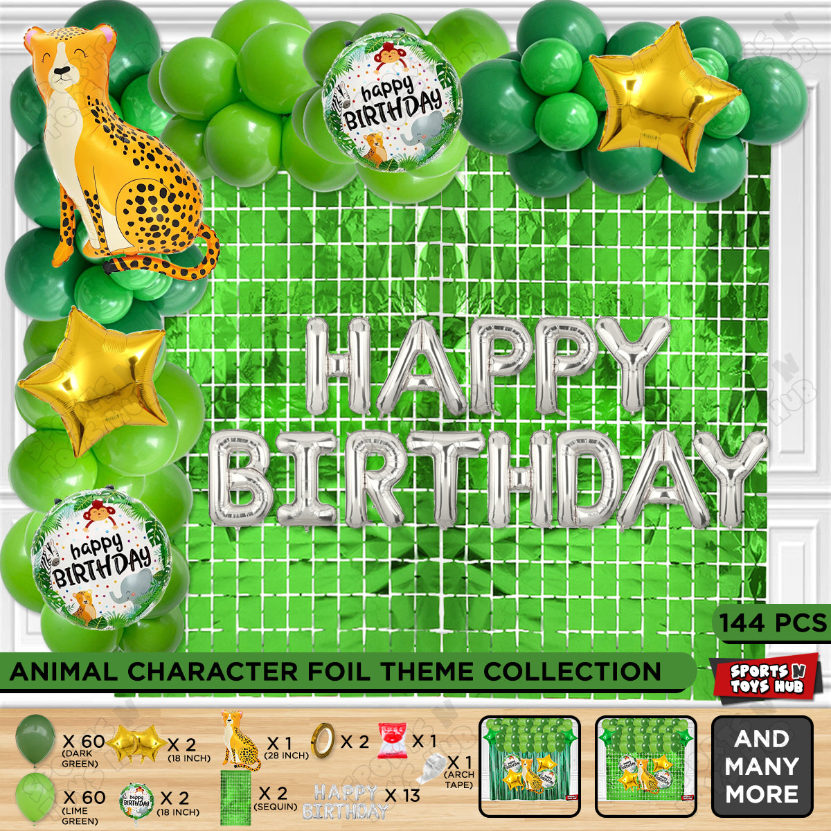 Jungle Safari Leopard Foil Balloon Set With Happy Birthday Foil Letter Arch Theme