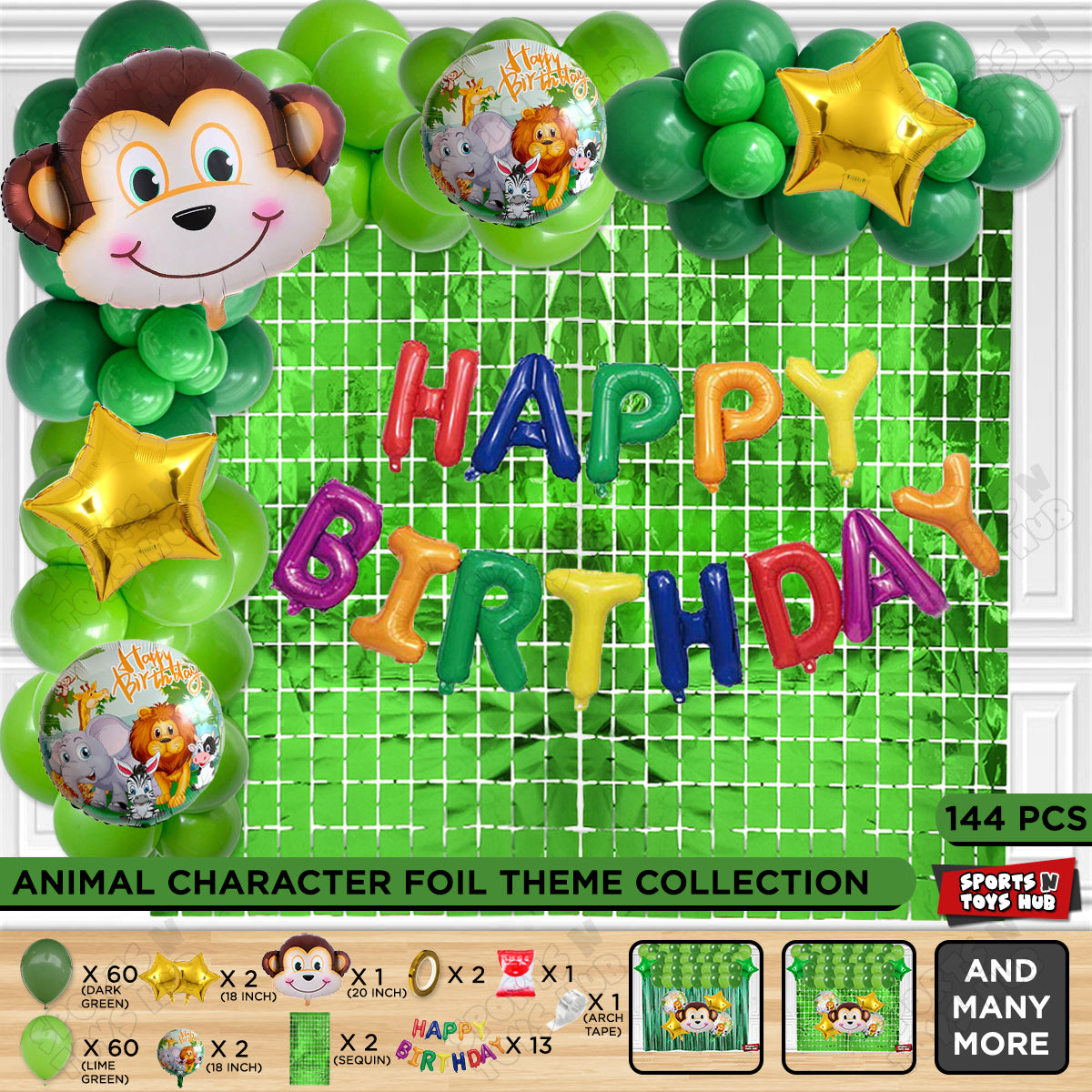 Jungle Safari Monkey Face Foil Balloon Set With Happy Birthday Foil Letter Arch Theme