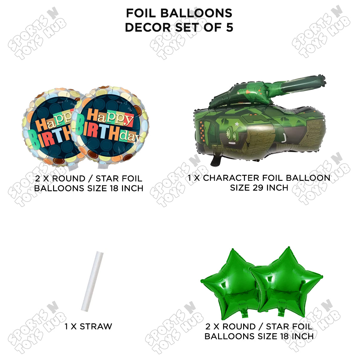 Army Tank Pack Of 5 Foil Balloon Set