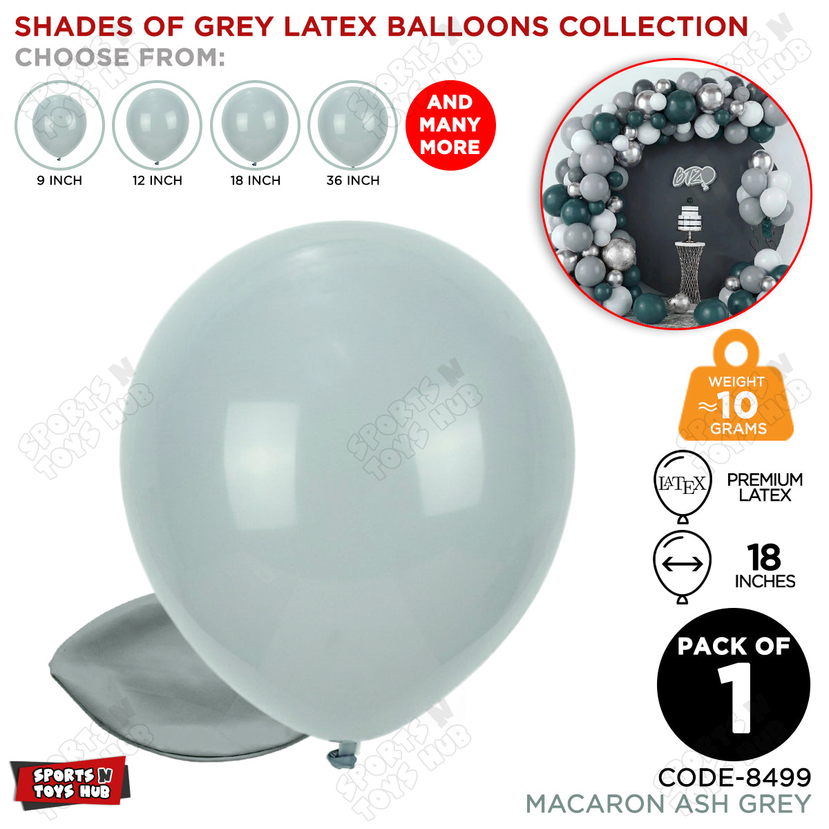 Ash Grey Latex Balloons Available In 9, 12, 18 & 36 Inch Sizes