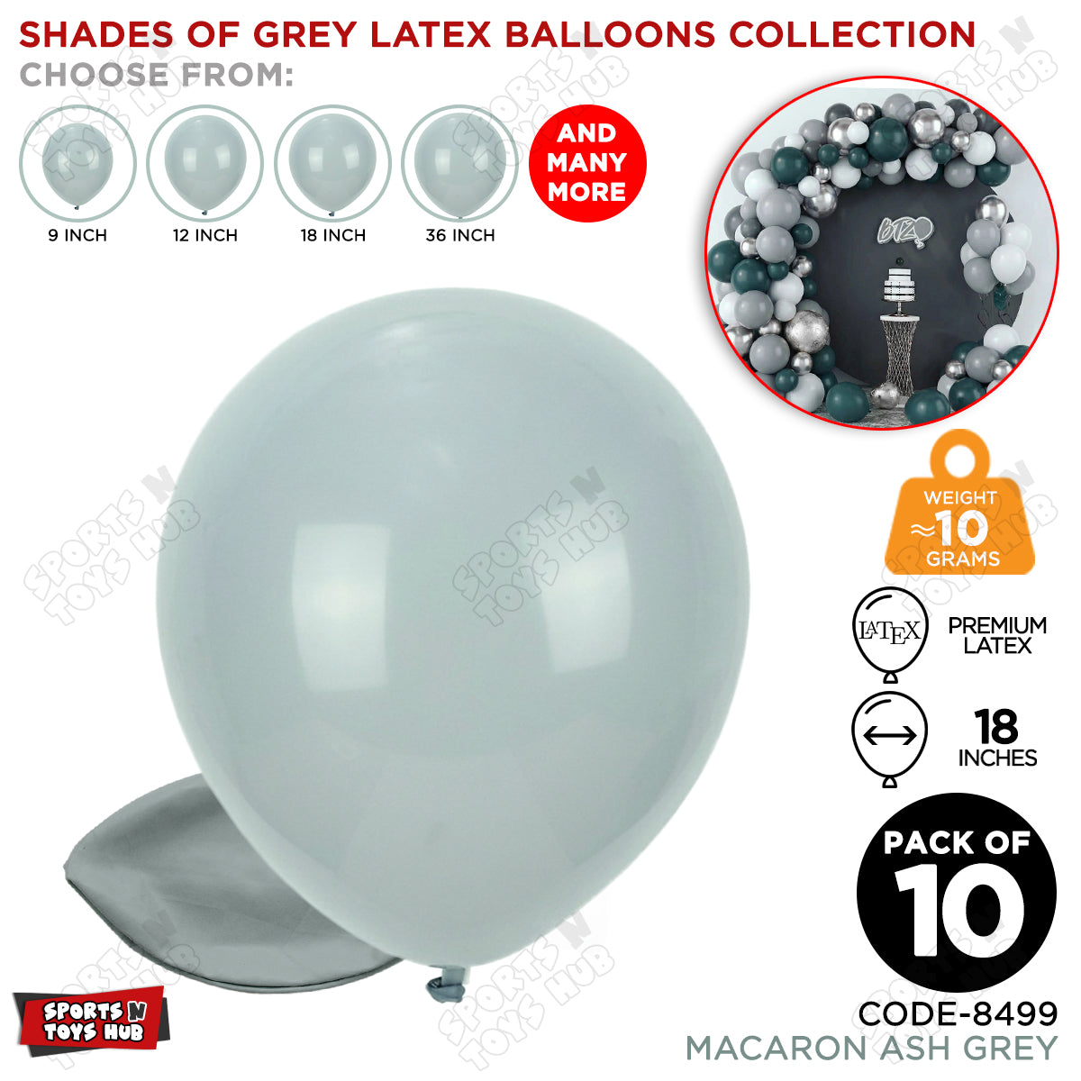 Ash Grey Latex Balloons Available In 9, 12, 18 & 36 Inch Sizes