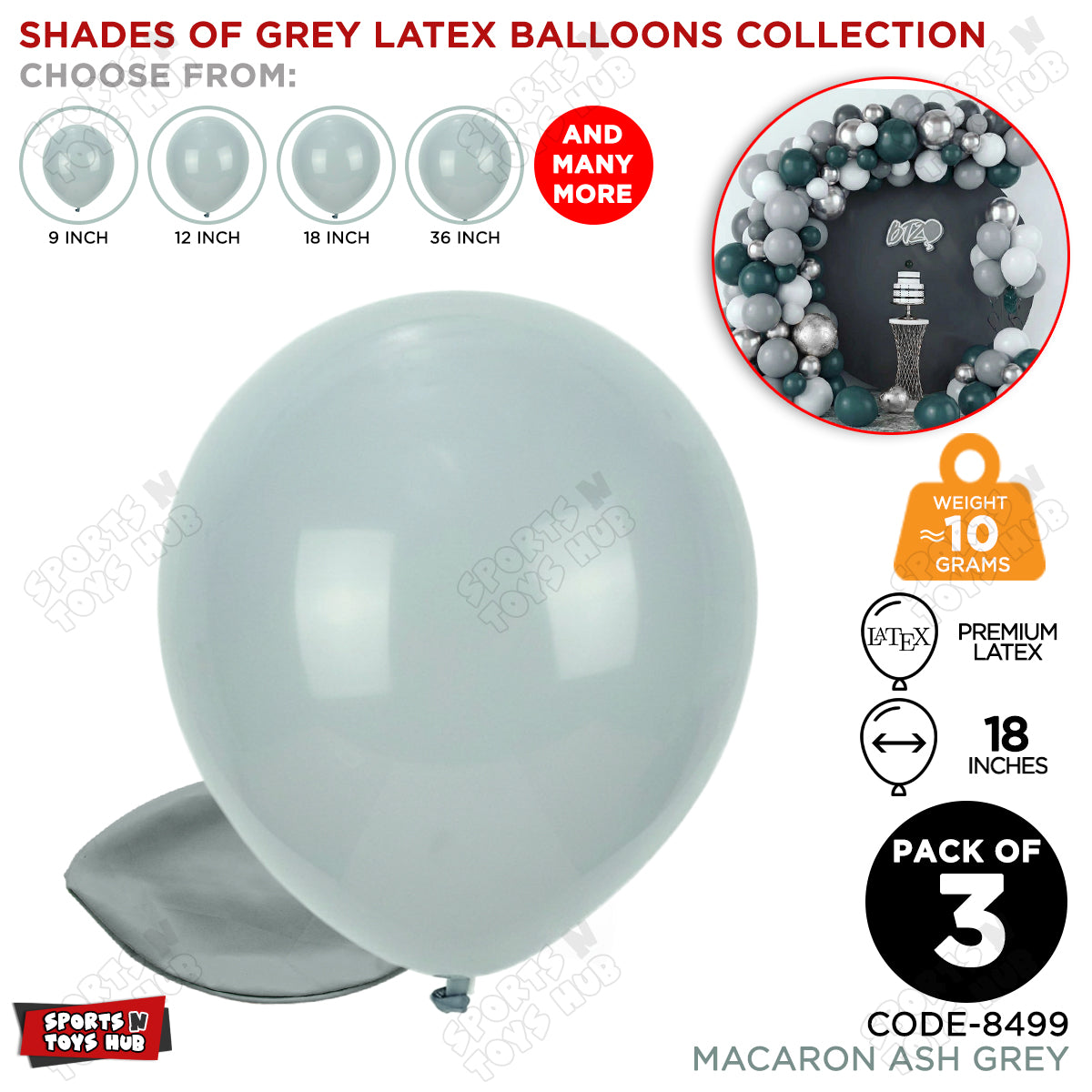 Ash Grey Latex Balloons Available In 9, 12, 18 & 36 Inch Sizes