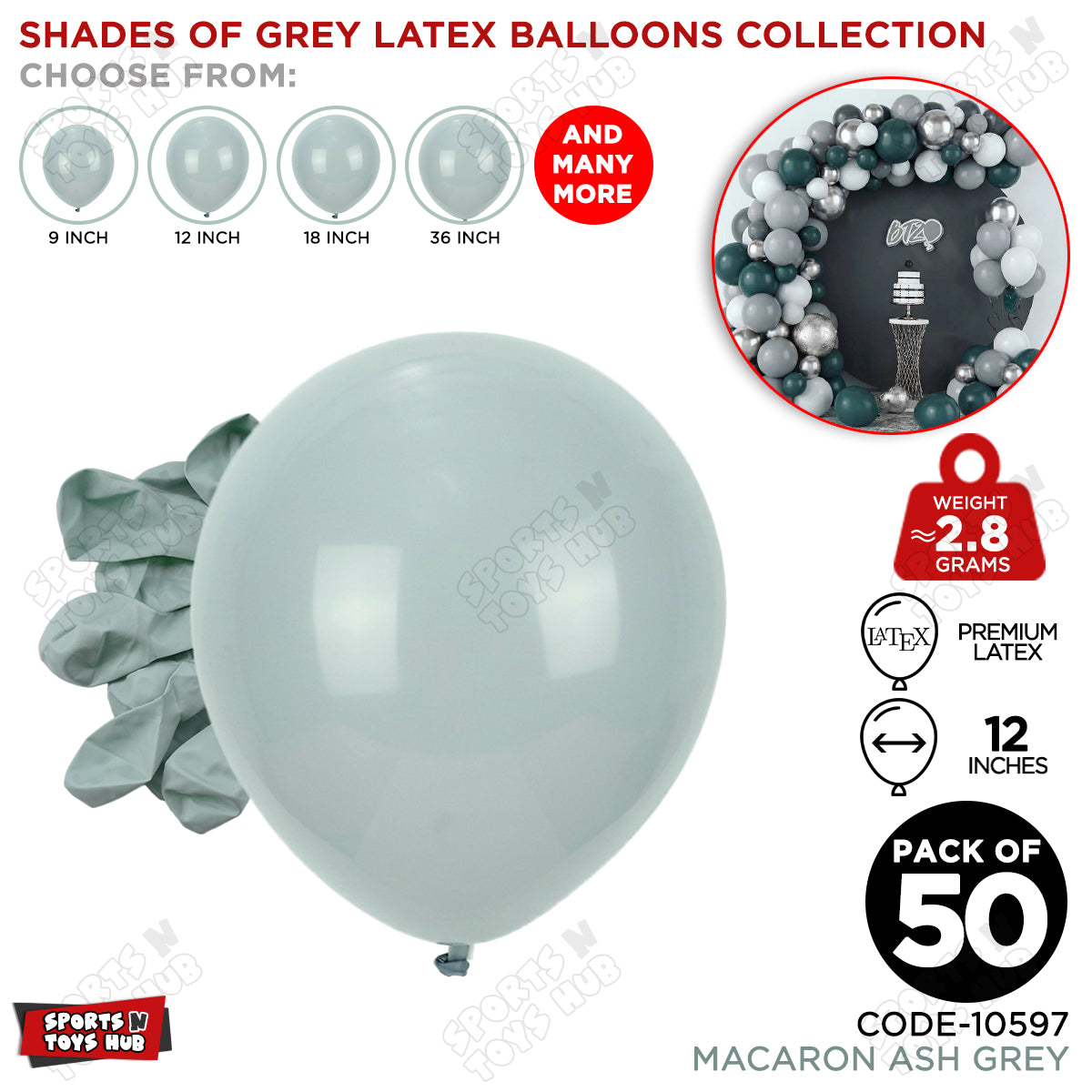 Ash Grey Latex Balloons Available In 9, 12, 18 & 36 Inch Sizes