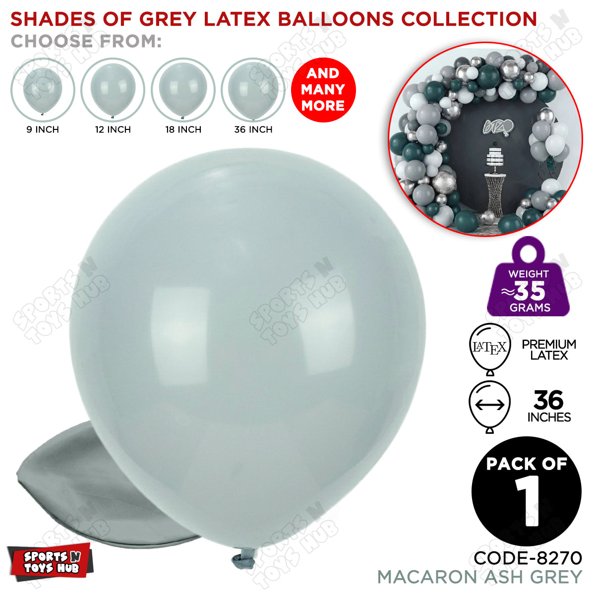 Ash Grey Latex Balloons Available In 9, 12, 18 & 36 Inch Sizes