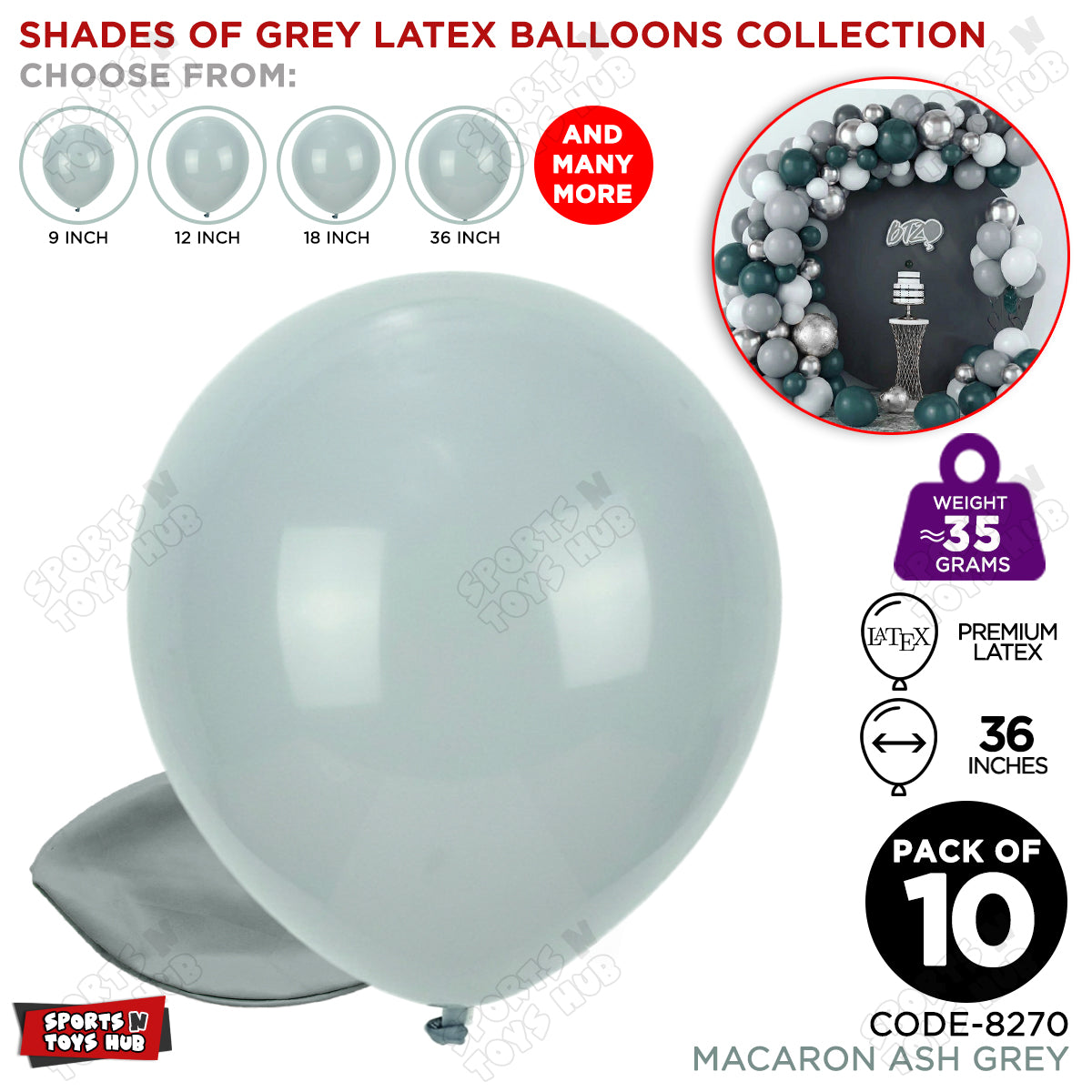 Ash Grey Latex Balloons Available In 9, 12, 18 & 36 Inch Sizes