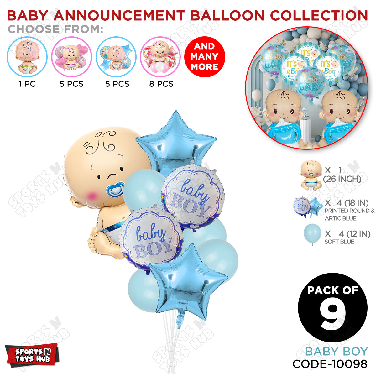 Baby Announcement Baby Boy Blue Color Foil Balloon Set With Latex Balloon - Pack Of 9